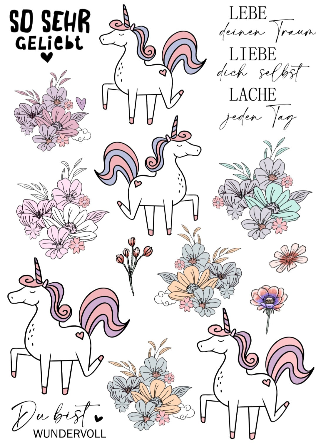 A5 Bügelbildbogen Floral Einhorn